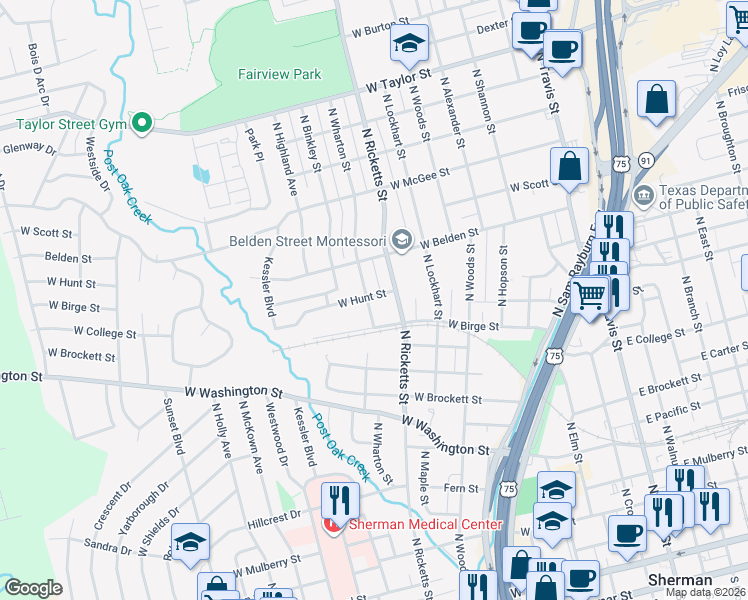 map of restaurants, bars, coffee shops, grocery stores, and more near 1002 North Wharton Street in Sherman
