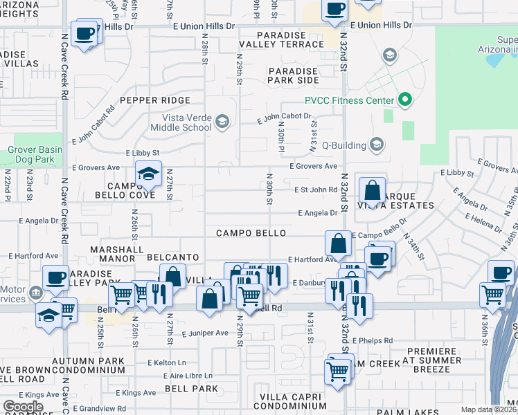 map of restaurants, bars, coffee shops, grocery stores, and more near 17420 North 30th Street in Phoenix