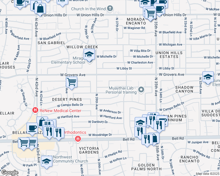 map of restaurants, bars, coffee shops, grocery stores, and more near 17601 North 38th Avenue in Glendale