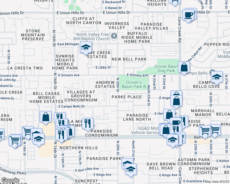map of restaurants, bars, coffee shops, grocery stores, and more near 17417 North 20th Street in Phoenix