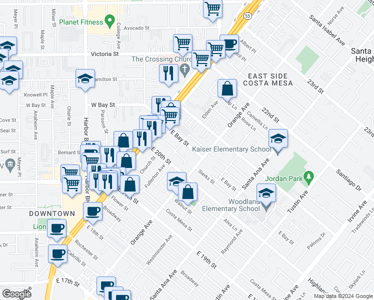 map of restaurants, bars, coffee shops, grocery stores, and more near 2020 Fullerton Avenue in Costa Mesa