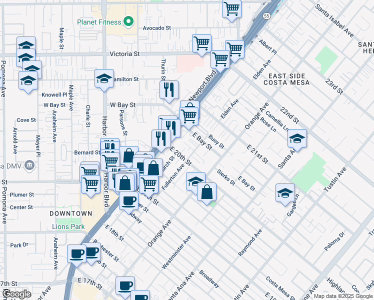 map of restaurants, bars, coffee shops, grocery stores, and more near 144 East 20th Street in Costa Mesa