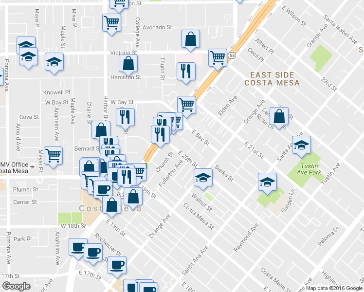 map of restaurants, bars, coffee shops, grocery stores, and more near 144 East 20th Street in Costa Mesa