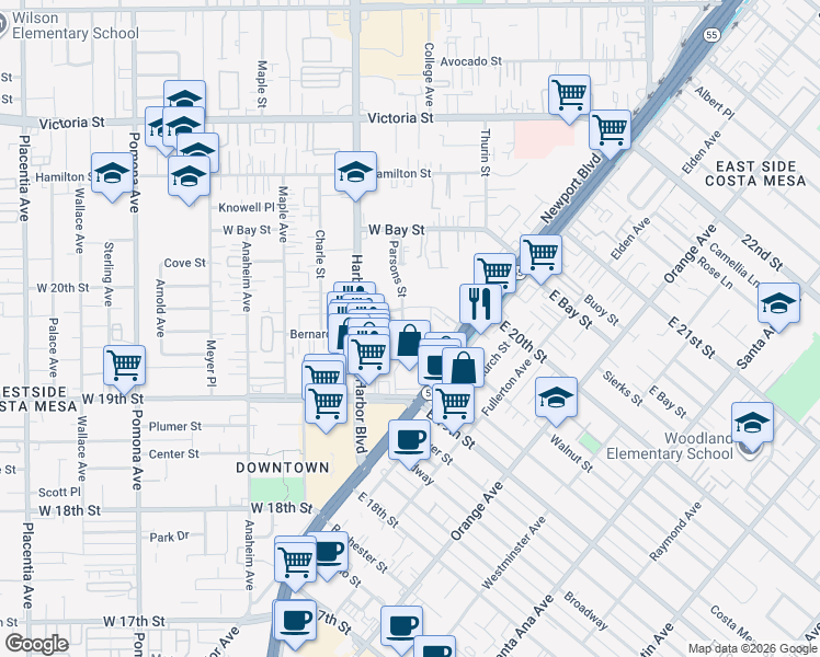 map of restaurants, bars, coffee shops, grocery stores, and more near 406 Bernard Street in Costa Mesa