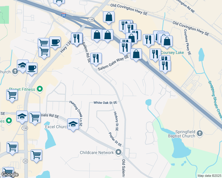 map of restaurants, bars, coffee shops, grocery stores, and more near 1655 Old Salem Road Southeast in Conyers
