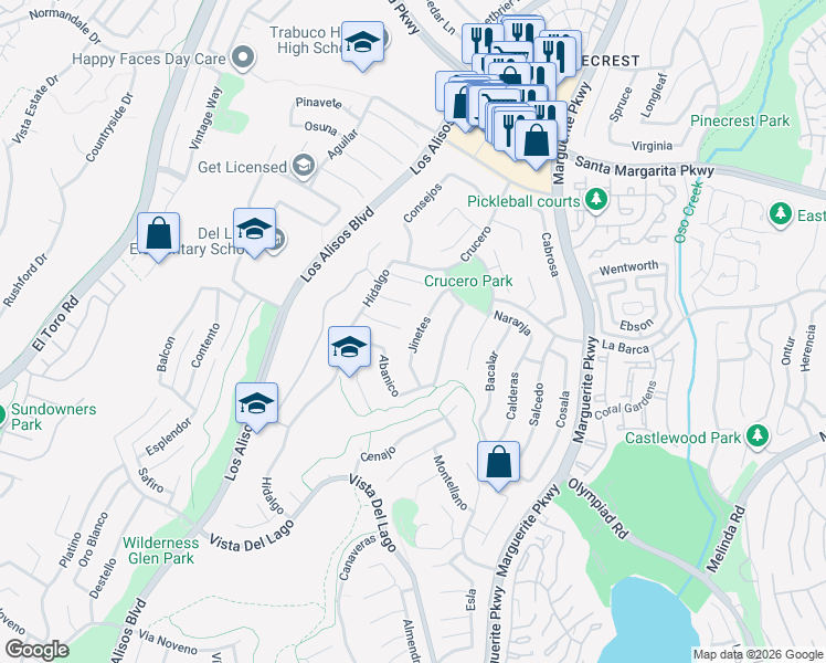 map of restaurants, bars, coffee shops, grocery stores, and more near 21911 Calabaza in Mission Viejo