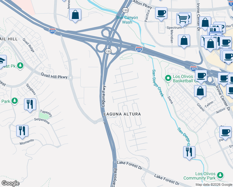 map of restaurants, bars, coffee shops, grocery stores, and more near 38 Lupari in Irvine