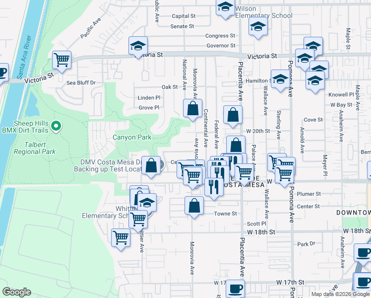map of restaurants, bars, coffee shops, grocery stores, and more near 914 Dogwood Street in Costa Mesa