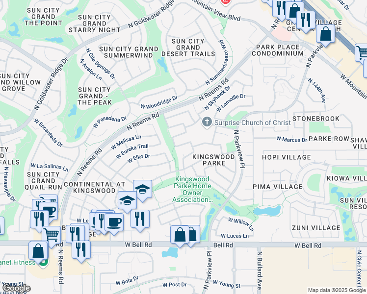 map of restaurants, bars, coffee shops, grocery stores, and more near 15025 West Elko Drive in Surprise