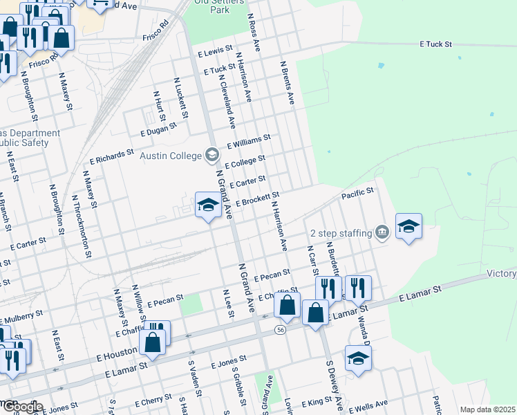 map of restaurants, bars, coffee shops, grocery stores, and more near 615 North Cleveland Avenue in Sherman