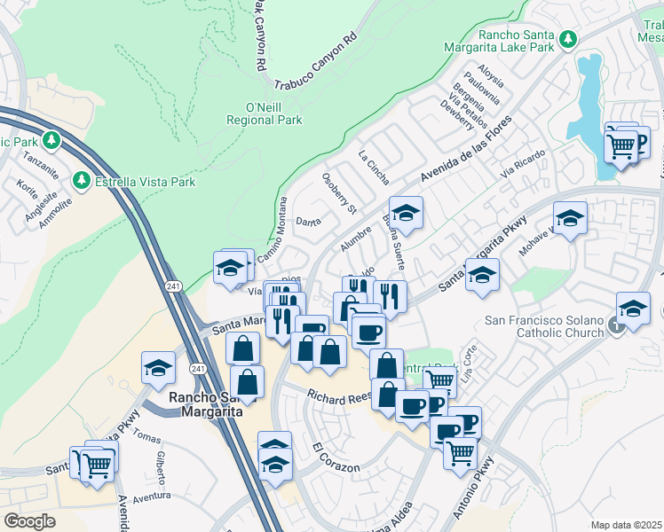 map of restaurants, bars, coffee shops, grocery stores, and more near 8 Alumbre in Rancho Santa Margarita