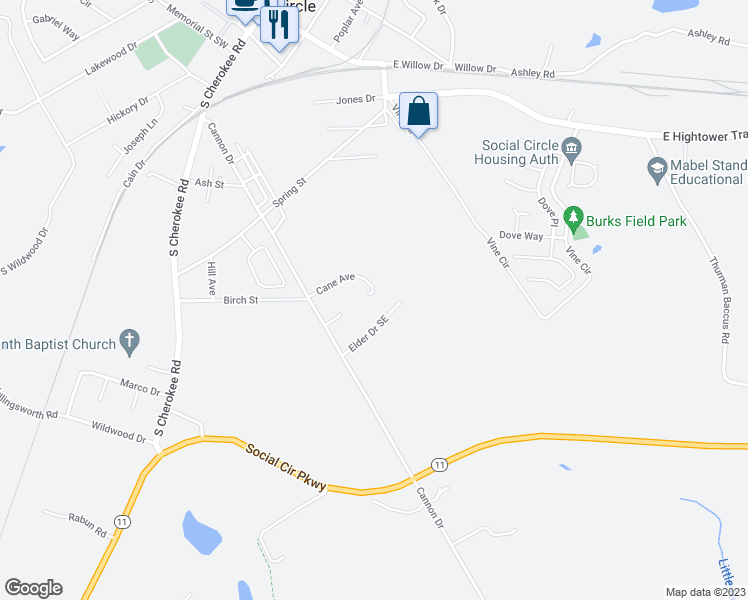 map of restaurants, bars, coffee shops, grocery stores, and more near 208 Cane Avenue in Social Circle