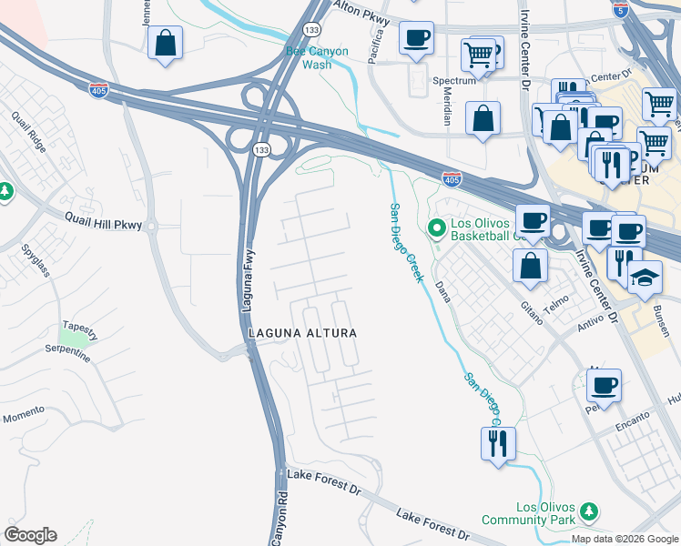 map of restaurants, bars, coffee shops, grocery stores, and more near 95 Cipresso in Irvine