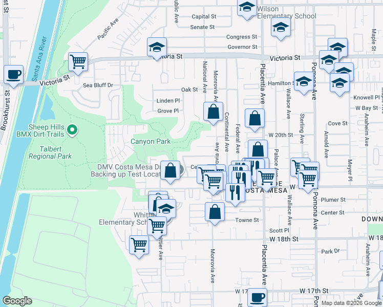 map of restaurants, bars, coffee shops, grocery stores, and more near 940 Dogwood Street in Costa Mesa