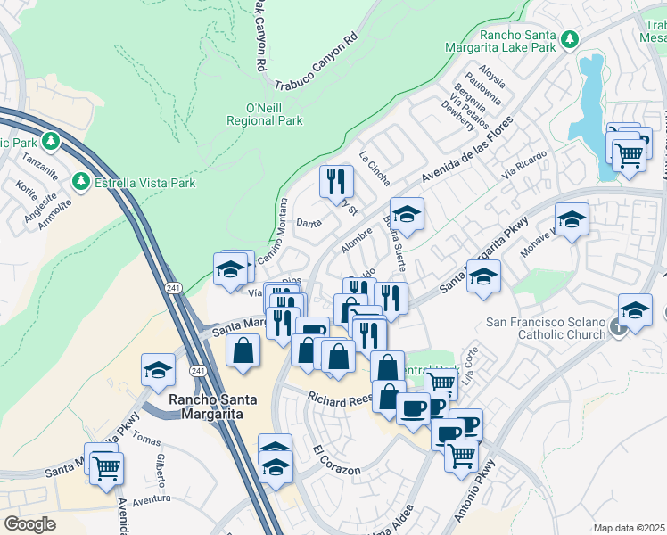 map of restaurants, bars, coffee shops, grocery stores, and more near 8 Alumbre in Rancho Santa Margarita
