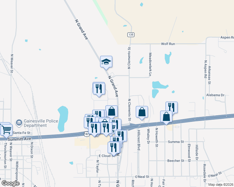 map of restaurants, bars, coffee shops, grocery stores, and more near 1852 S Farm to Market 372 in Gainesville