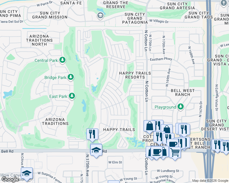 map of restaurants, bars, coffee shops, grocery stores, and more near 17200 West Bell Road in Surprise