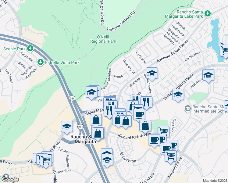 map of restaurants, bars, coffee shops, grocery stores, and more near 5 Morning Glory in Rancho Santa Margarita