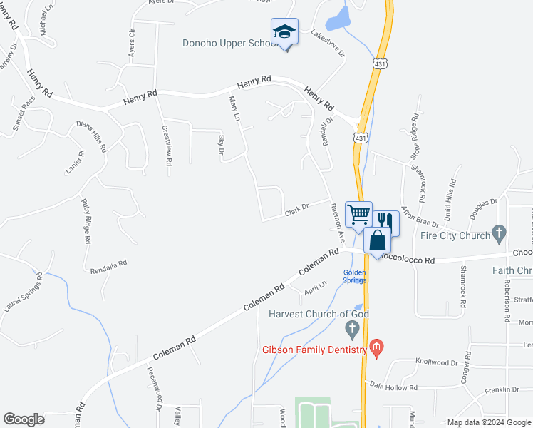 map of restaurants, bars, coffee shops, grocery stores, and more near 205 Mary Lane in Anniston