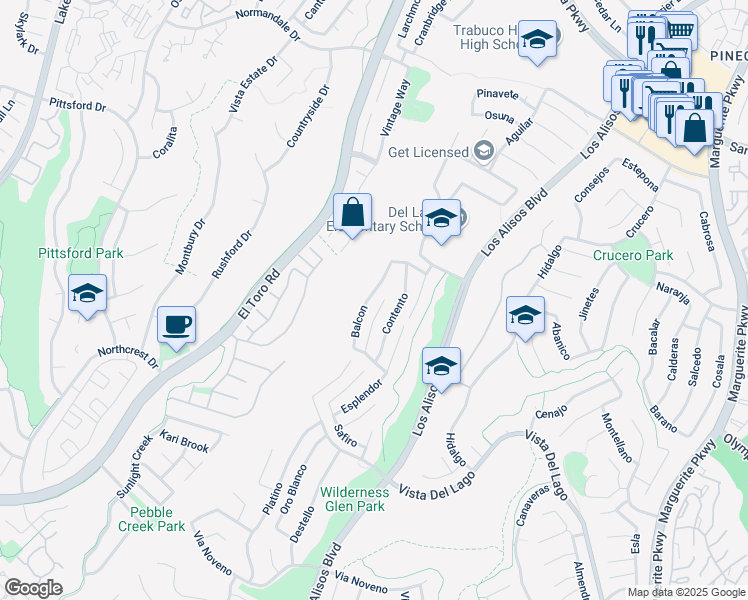 map of restaurants, bars, coffee shops, grocery stores, and more near 21782 Balcon in Mission Viejo