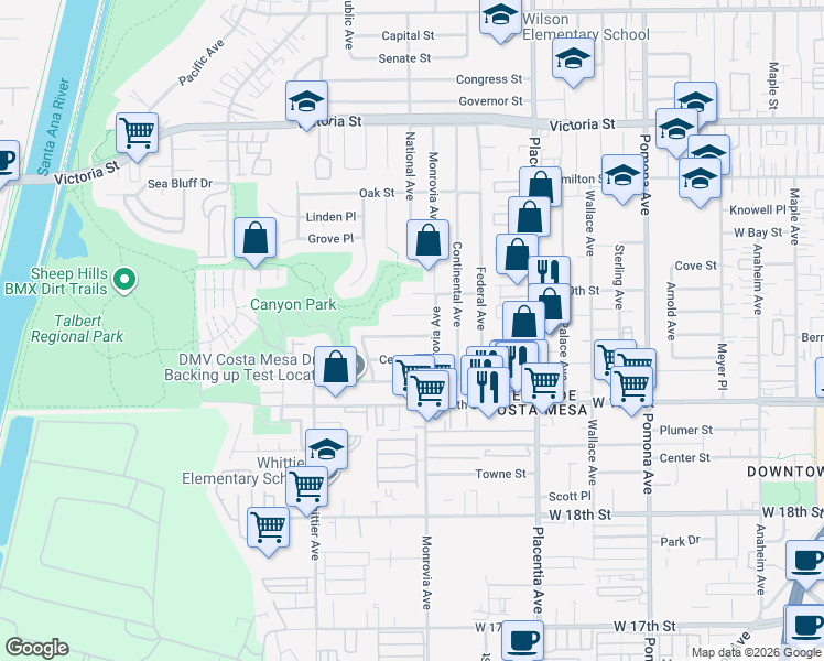 map of restaurants, bars, coffee shops, grocery stores, and more near 914 Dogwood Street in Costa Mesa
