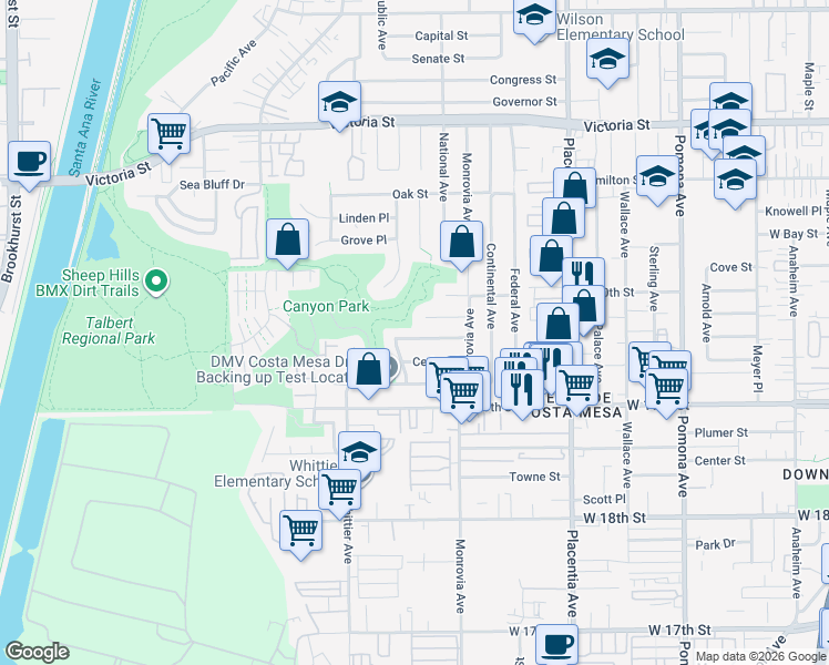 map of restaurants, bars, coffee shops, grocery stores, and more near 940 Dogwood Street in Costa Mesa