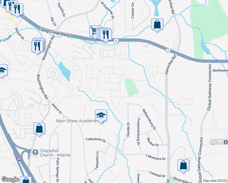 map of restaurants, bars, coffee shops, grocery stores, and more near 2761 Aralynn Way in College Park