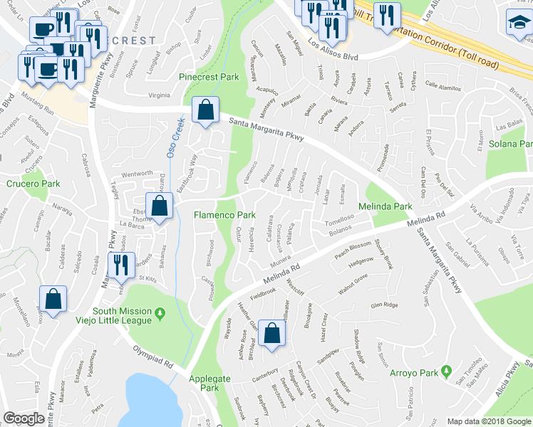 map of restaurants, bars, coffee shops, grocery stores, and more near 21811 Calatrava in Mission Viejo