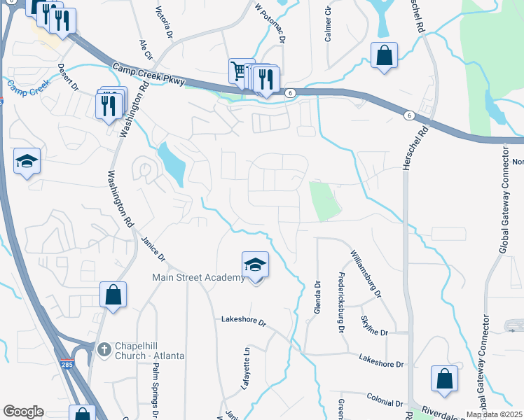map of restaurants, bars, coffee shops, grocery stores, and more near 2781 Aralynn Way in College Park
