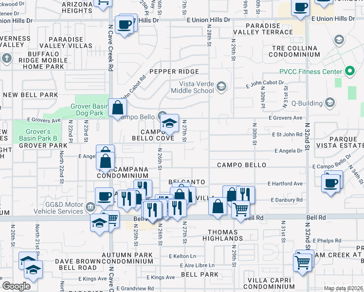 map of restaurants, bars, coffee shops, grocery stores, and more near 17626 North 27th Street in Phoenix