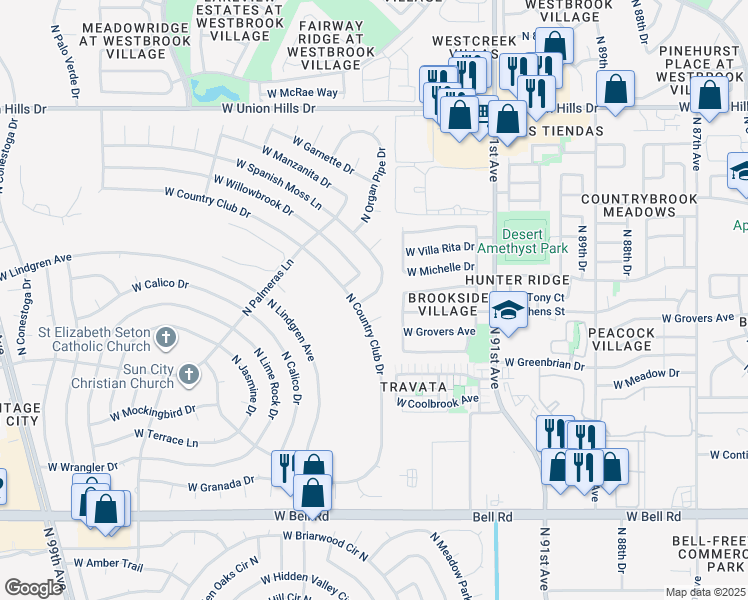 map of restaurants, bars, coffee shops, grocery stores, and more near 9319 West Spanish Moss Lane in Sun City