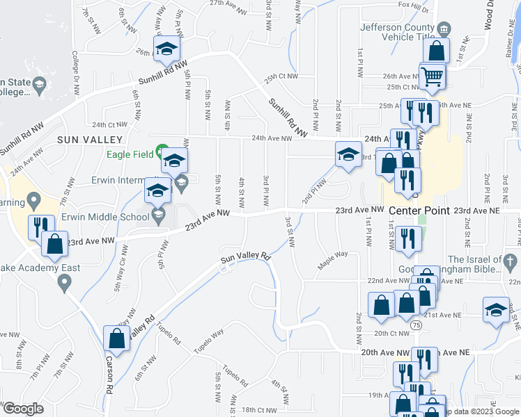 map of restaurants, bars, coffee shops, grocery stores, and more near 2300 3rd Place Northwest in Center Point