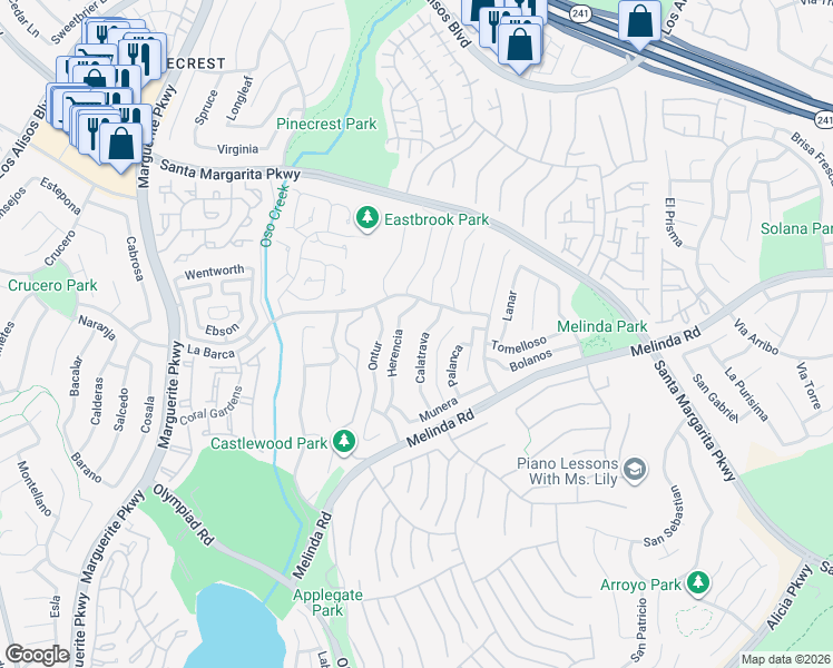 map of restaurants, bars, coffee shops, grocery stores, and more near 21811 Calatrava in Mission Viejo