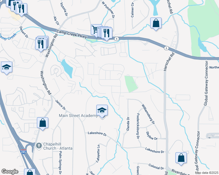 map of restaurants, bars, coffee shops, grocery stores, and more near 2771 Aralynn Way in College Park