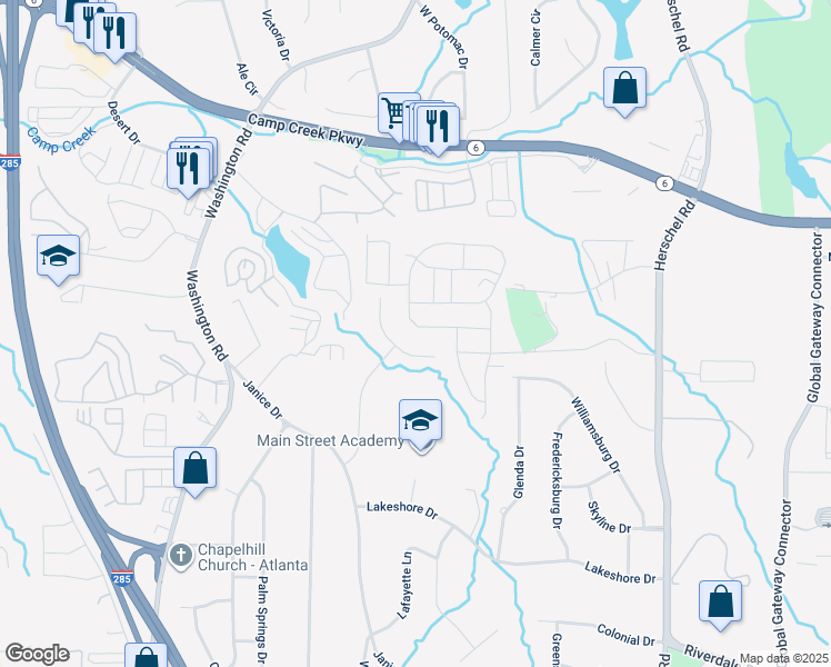 map of restaurants, bars, coffee shops, grocery stores, and more near 2789 Aralynn Way in College Park