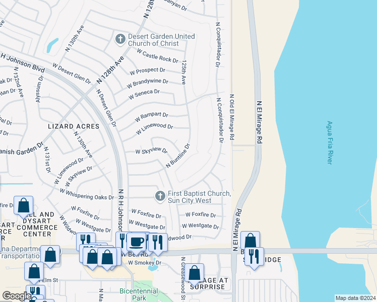 map of restaurants, bars, coffee shops, grocery stores, and more near 17807 North Buntline Drive in Sun City West