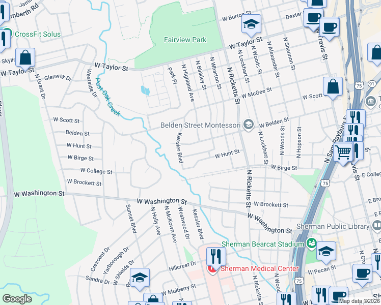 map of restaurants, bars, coffee shops, grocery stores, and more near 1011 West Belden Street in Sherman