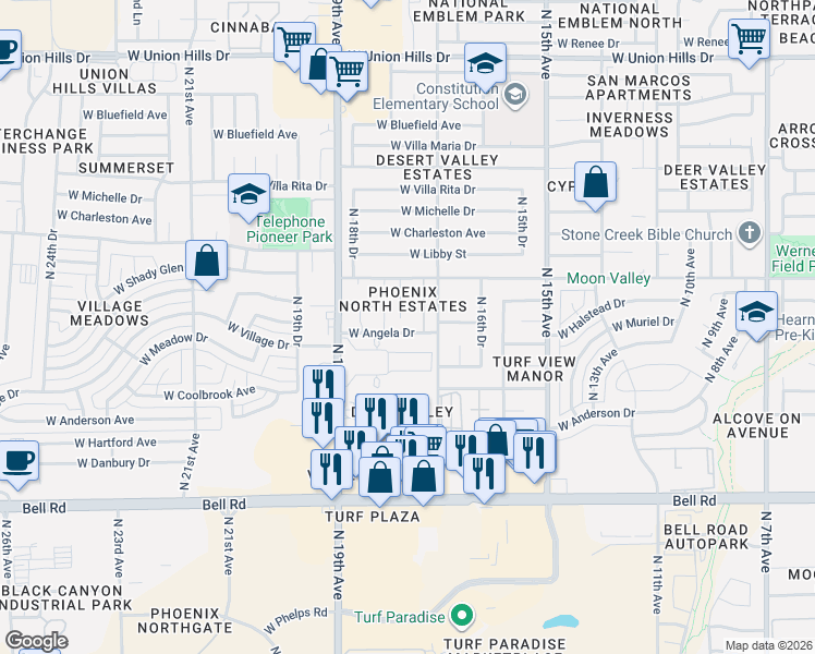 map of restaurants, bars, coffee shops, grocery stores, and more near 17622 North 17th Lane in Phoenix