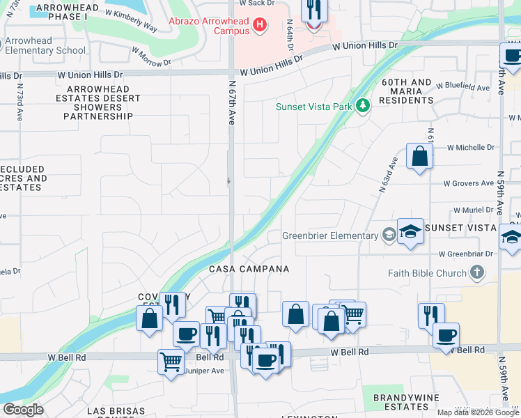 map of restaurants, bars, coffee shops, grocery stores, and more near 6542 West Schmidt Street in Glendale