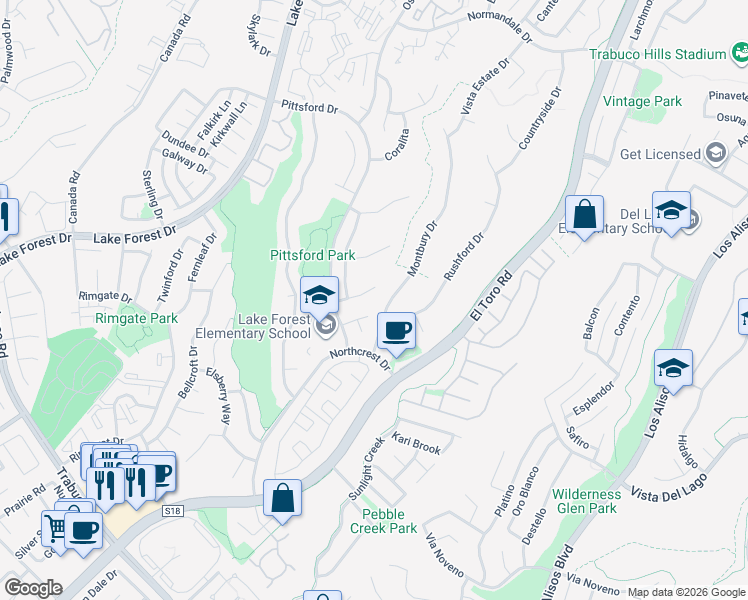 map of restaurants, bars, coffee shops, grocery stores, and more near 21 Jasmine in Lake Forest