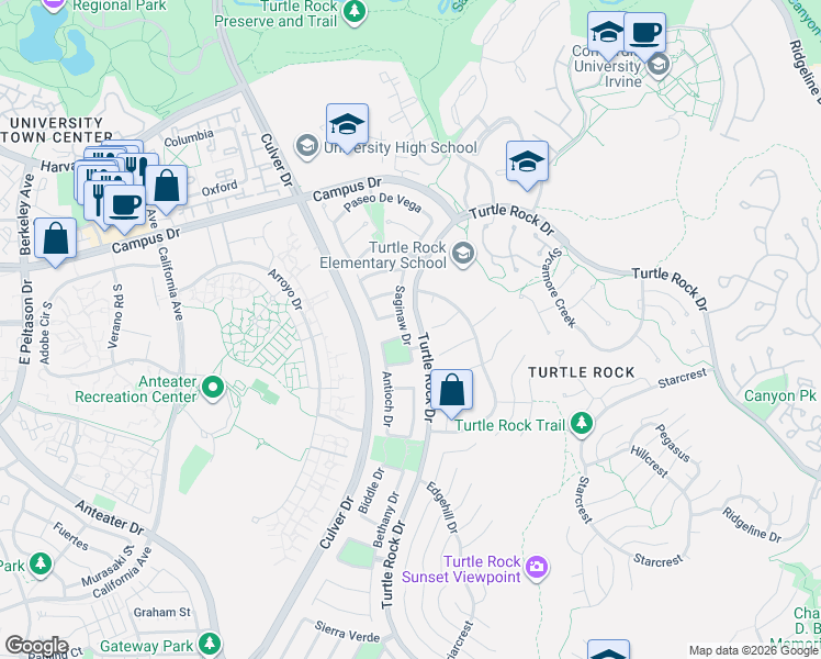 map of restaurants, bars, coffee shops, grocery stores, and more near 18802 Saginaw Drive in Irvine