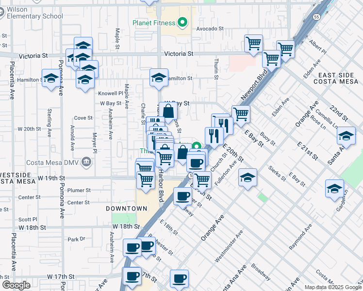 map of restaurants, bars, coffee shops, grocery stores, and more near 412 Ford Road in Costa Mesa