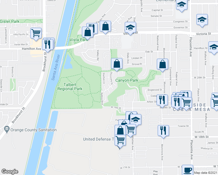 map of restaurants, bars, coffee shops, grocery stores, and more near 14 Starburst Court in Newport Beach
