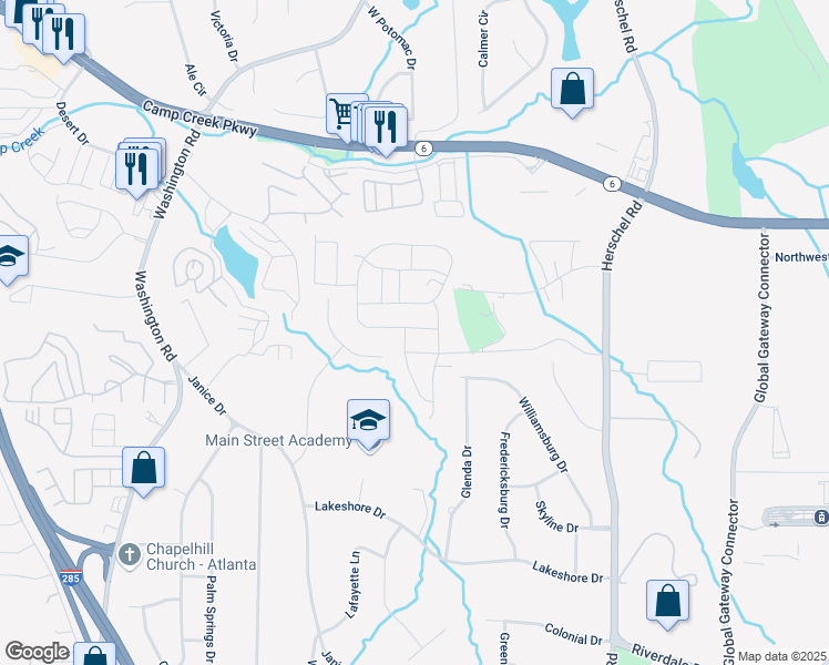map of restaurants, bars, coffee shops, grocery stores, and more near 2761 Aralynn Way in College Park