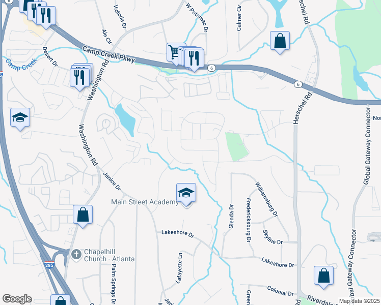 map of restaurants, bars, coffee shops, grocery stores, and more near 2781 Aralynn Way in College Park