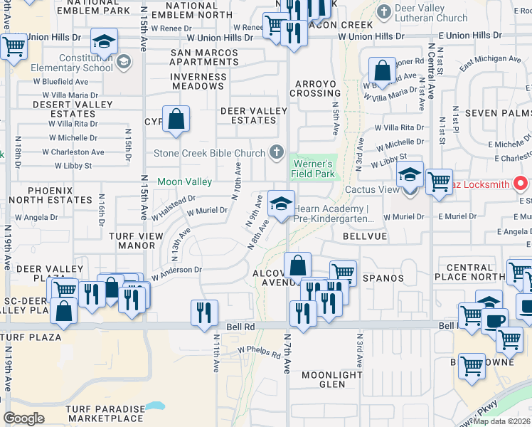 map of restaurants, bars, coffee shops, grocery stores, and more near 17617 North 9th Avenue in Phoenix