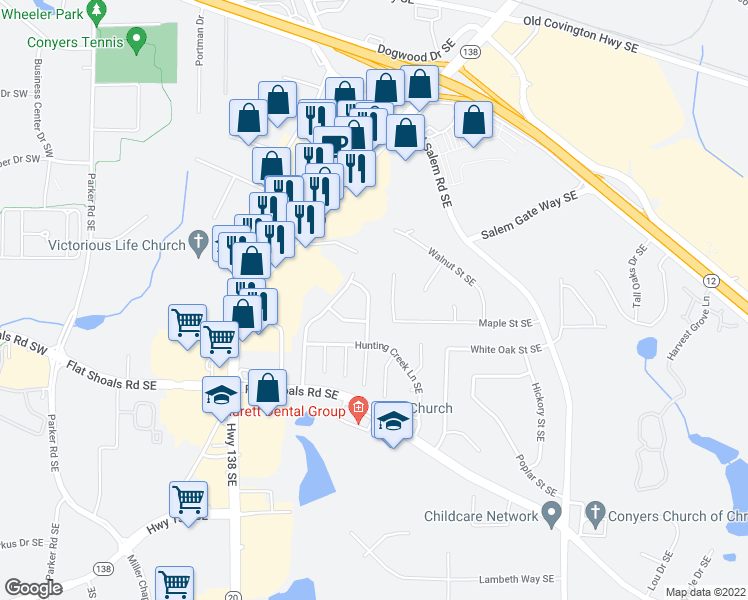 map of restaurants, bars, coffee shops, grocery stores, and more near 1675 Winchester Way Southeast in Conyers