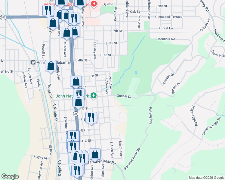 map of restaurants, bars, coffee shops, grocery stores, and more near 101 Grant Avenue in Anniston