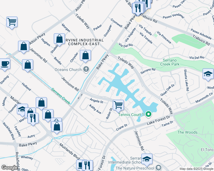 map of restaurants, bars, coffee shops, grocery stores, and more near 21822 Michigan Lane in Lake Forest