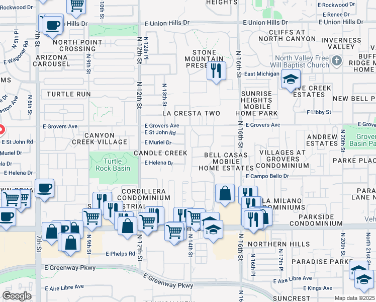 map of restaurants, bars, coffee shops, grocery stores, and more near 1354 East Muriel Drive in Phoenix